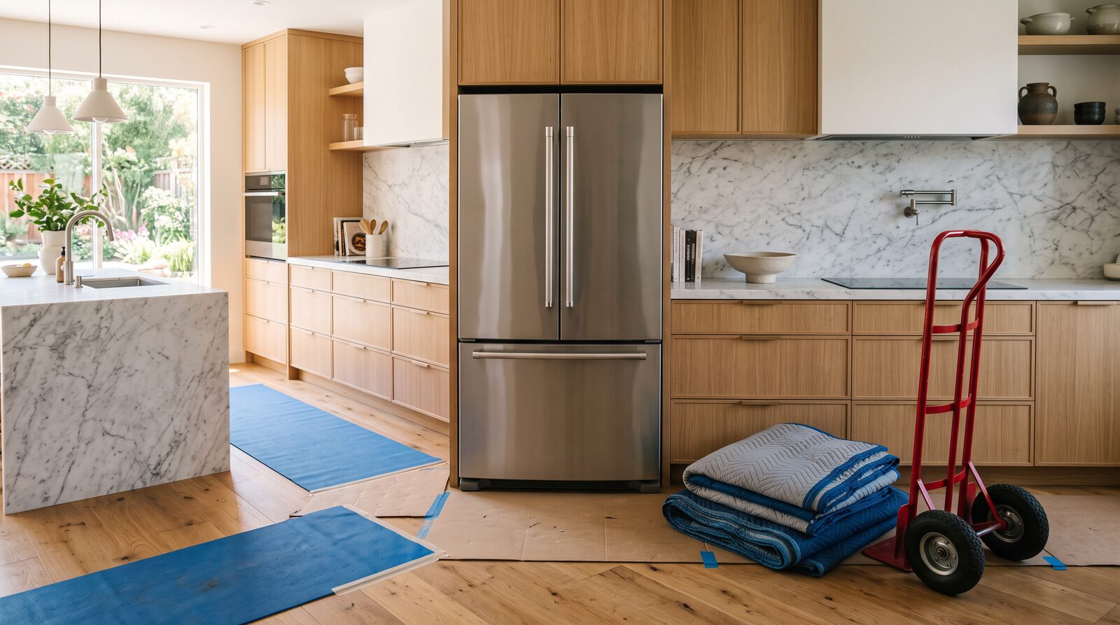 Brand-new refrigerator delivered and set in place with floor protection