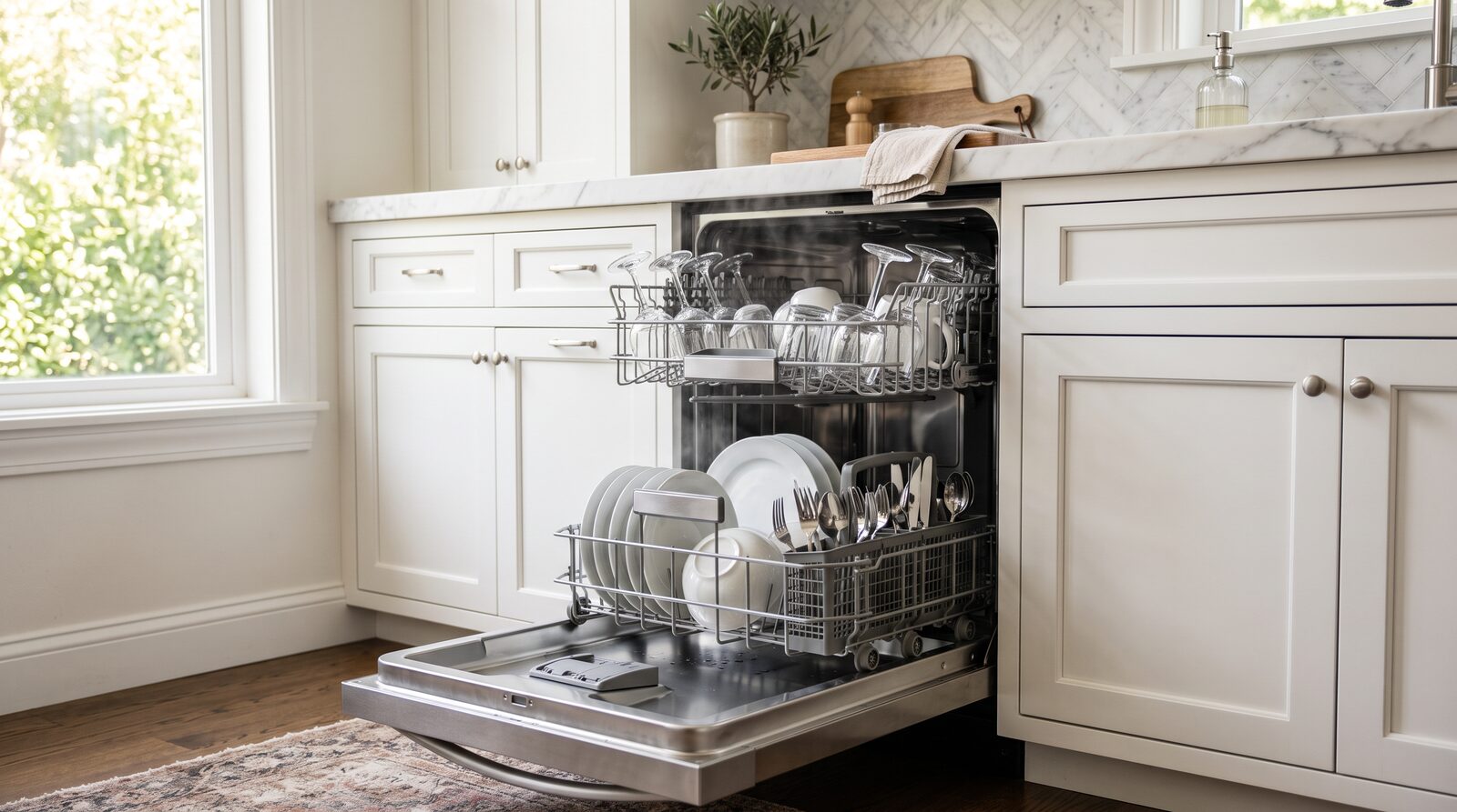 Open built-in stainless dishwasher with clean glassware and plates